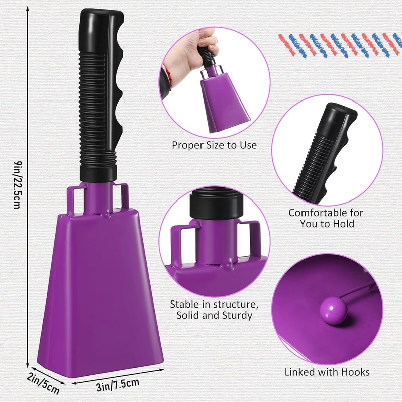 Pelopy 12 Pcs Large Cow Bell 9 '' Cowbell with Handle Cowbells for Sporting Events Hand Percussion Cheering Bell Chimes for Football Game, Alarm Loud Noise Makers, Musical Instrument(Purple, Blue) - Image 2
